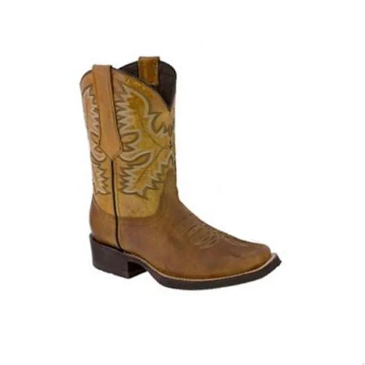 Women's vintage mid calf cowboy boots square toe floral pattern western boots